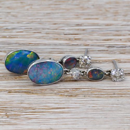 fig 2. Mid Century 1.50 Carat Black Opal & 0.91 Carat Diamond Drop Earrings, circa 1960