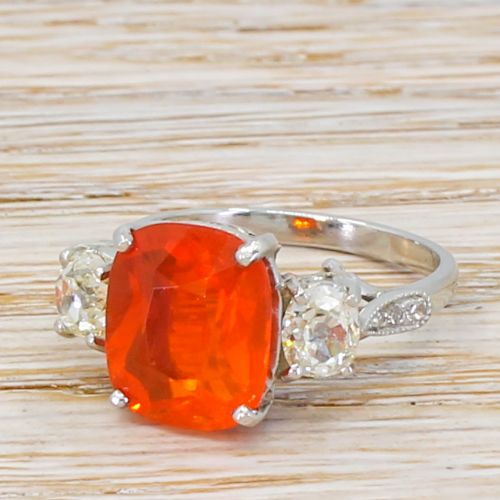 Mid Century 2.89 Carat Fire Opal & Old Cut Diamond Trilogy Ring, Circa 1950