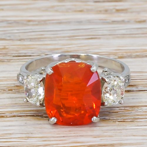 fig 1. Mid Century 2.89 Carat Fire Opal & Old Cut Diamond Trilogy Ring, circa 1950
