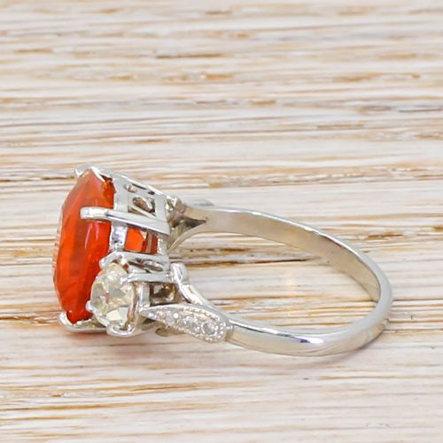fig 2. Mid Century 2.89 Carat Fire Opal & Old Cut Diamond Trilogy Ring, circa 1950