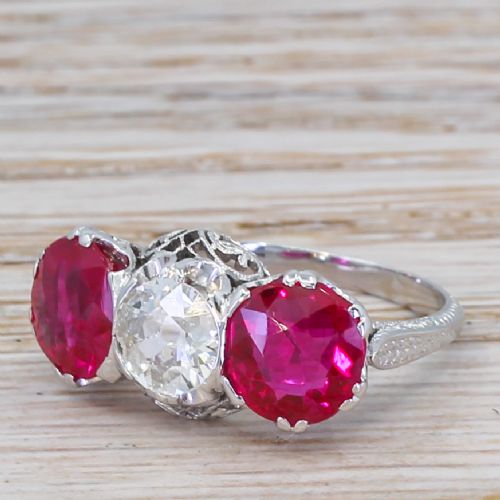 Art Deco 0.80 Carat Old Cut Diamond & Synthetic Ruby Ring, Circa 1930