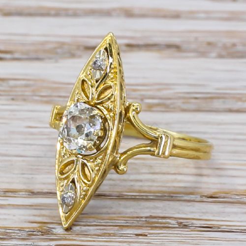 Art Nouveau 0.50 Carat Old Cut Diamond Navette Ring, Circa 1910