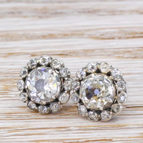 Victorian 2.47 Carat Old Cut Diamond Cluster Earrings, Circa 1880