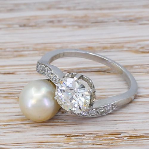 Art Deco 1.11 Carat Old Cut Diamond & Natural Pearl Crossover Ring, Circa 1915