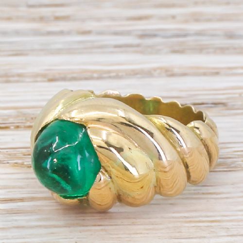 Mid Century 4.83 Carat Synthetic Cabochon Emerald Solitaire Ring, Circa 1955