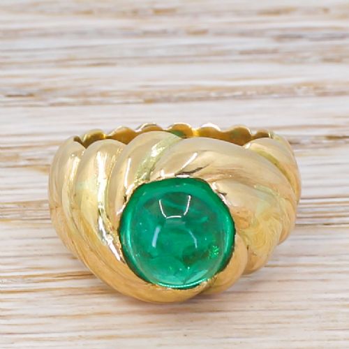 fig 1. Mid Century 4.83 Carat Synthetic Cabochon Emerald Solitaire Ring, circa 1955