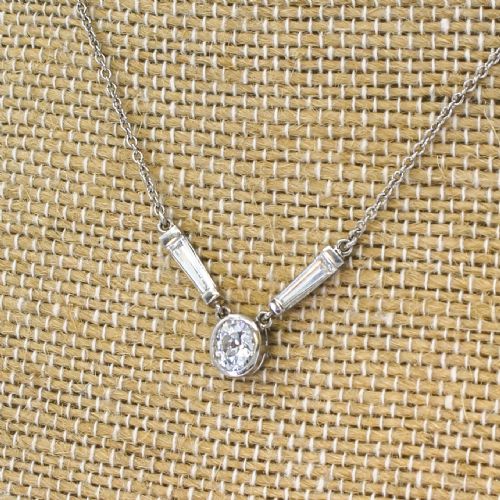 Art Deco 0.95 Carat Old Cut & Tapered Baguette Cut Diamond Necklace, Circa 1930