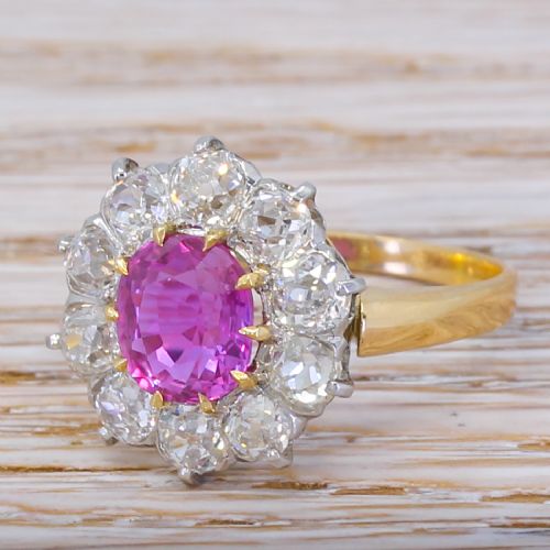 Art Deco 1.80 Carat Pink Sapphire & 2.00 Carat Old Cut Diamond Ring, Circa 1925