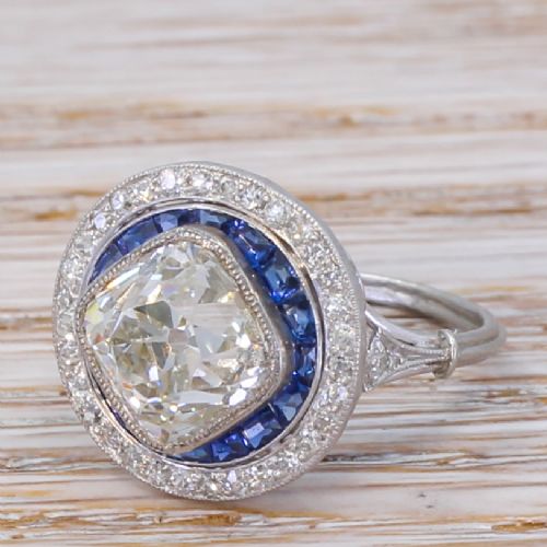 Art Deco 3.27 Carat Old Cut Diamond & Sapphire Target Cluster Ring, Circa 1915