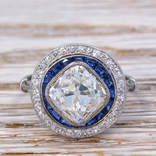 fig 1. Art Deco 3.27 Carat Old Cut Diamond & Sapphire Target Cluster Ring, circa 1915
