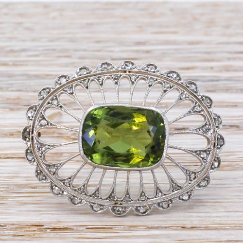Art Nouveau 8.70 Carat Green Paste & Rose Cut Diamond Brooch, Circa 1910