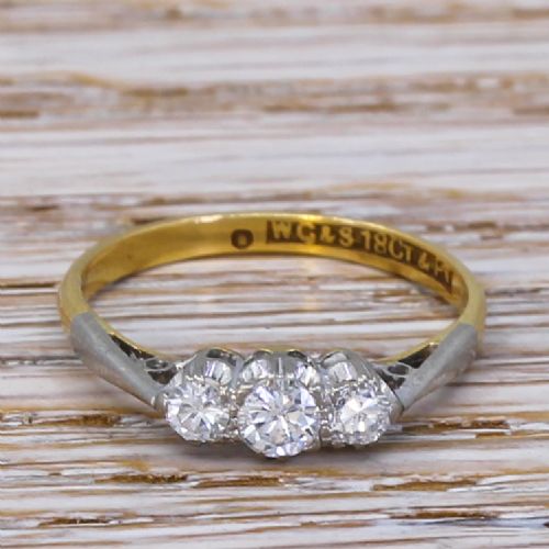 fig 1. Mid Century 0.25 Carat Round Brilliant Cut Diamond Trilogy Ring, circa 1965