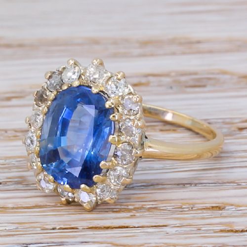 Mid Century 5.27 Carat Sapphire & Old Cut Diamond Ring, Circa 1955