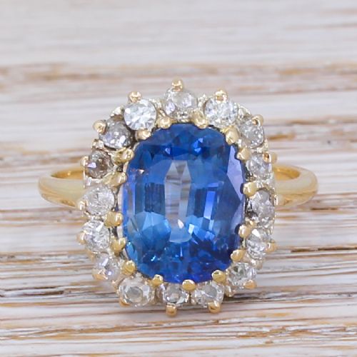 fig 1. Mid Century 5.27 Carat Sapphire & Old Cut Diamond Ring, circa 1955
