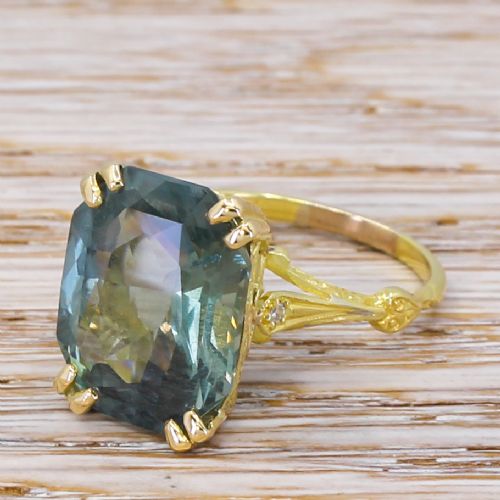 Mid Century 12.88 Carat Natural Greenish Blue Sapphire Solitaire Ring, Circa 1960