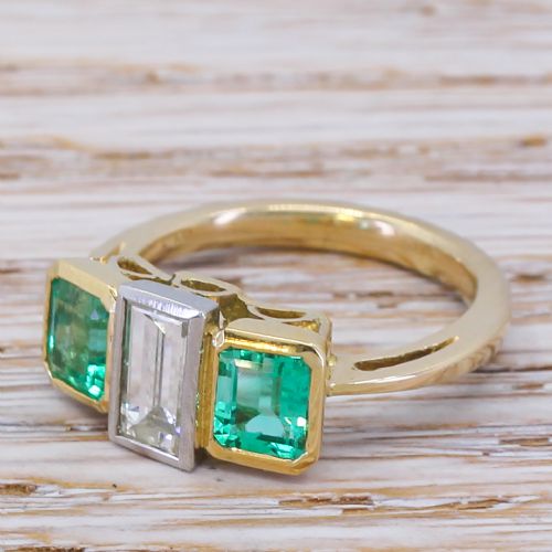 Modernist 0.65 Carat Baguette Cut Diamond & Emerald Trilogy Ring, Circa 1960