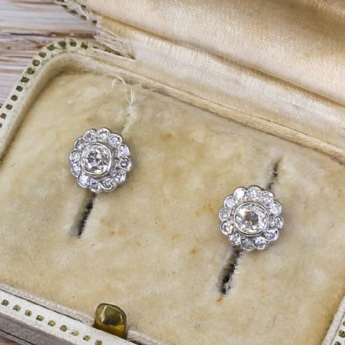 Mid Century 0.91 Carat Old Cut Diamond Daisy Cluster Earrings, Circa 1960