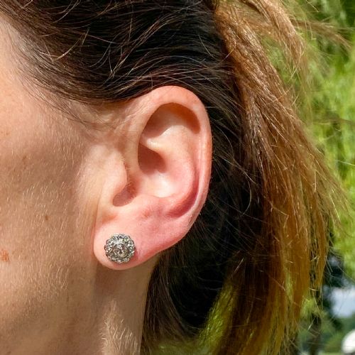 fig 1. Mid Century 0.91 Carat Old Cut Diamond Daisy Cluster Earrings, circa 1960