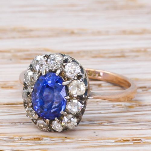Mid Century 1.81 Carat Sapphire & Diamond Cluster Ring, Circa 1950