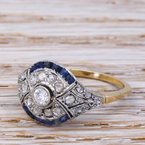 Art Deco 0.29 Carat Old Cut Diamond & Calibré Cut Sapphire Ring, Circa 1920