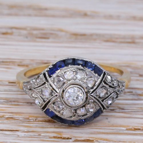 fig 1. Art Deco 0.29 Carat Old Cut Diamond & Calibré Cut Sapphire Ring, circa 1920