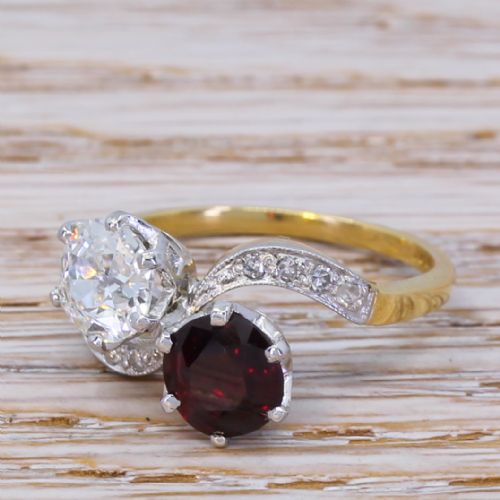 Art Deco 1.01 Carat Old Cut Diamond & 1.14 Carat Ruby Crossover Ring, Circa 1925