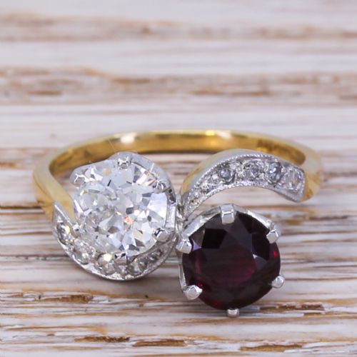 fig 1. Art Deco 1.01 Carat Old Cut Diamond & 1.14 Carat Ruby Crossover Ring, circa 1925