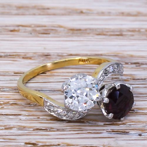 fig 2. Art Deco 1.01 Carat Old Cut Diamond & 1.14 Carat Ruby Crossover Ring, circa 1925
