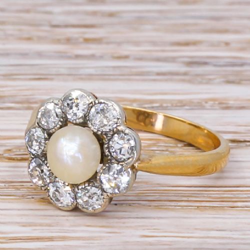 Victorian Natural Pearl & Old Cut Diamond Cluster Ring, Circa 1900