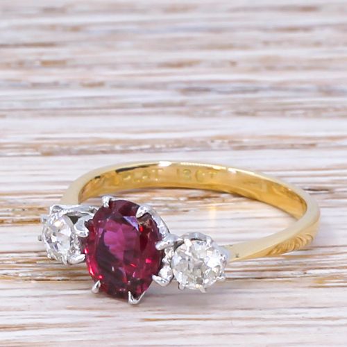 Art Deco 1.33 Carat Natural Ruby & Old Cut Diamond Trilogy Ring, Circa 1920