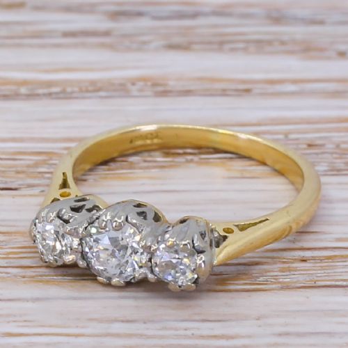 Mid Century 0.75 Carat Old Cut Diamond Trilogy Ring, Circa 1960