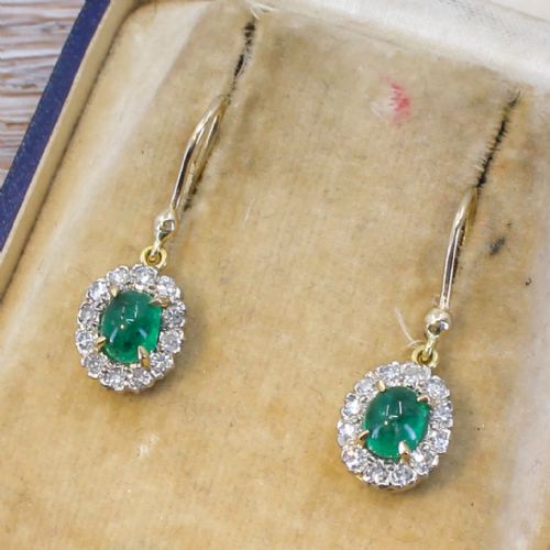 Art Deco 1.48 Carat Cabochon Emerald & Diamond Earrings, Circa 1930