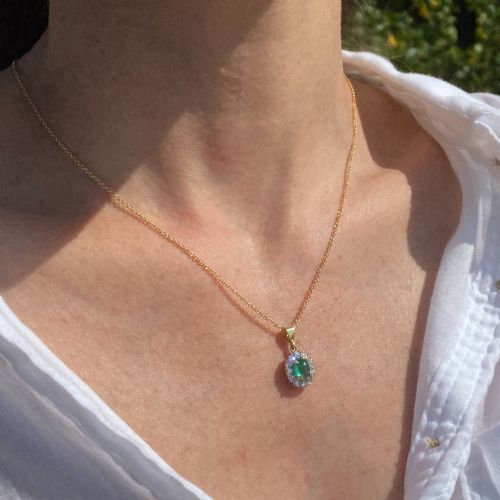 fig 1. Art Deco 0.77 Carat Cabochon Cut Emerald & Diamond Pendant, circa 1930
