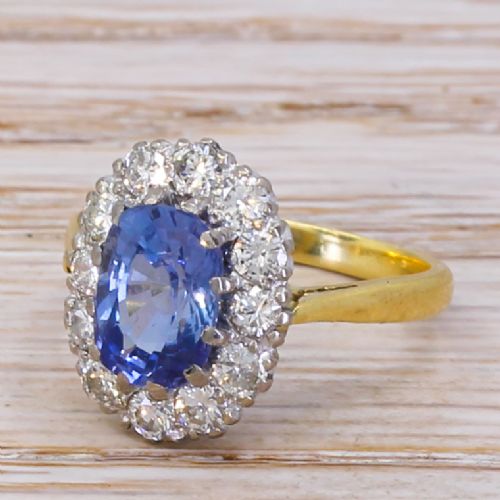 Mid Century 2.27 Carat Sapphire & Diamond Cluster Ring, Circa 1960