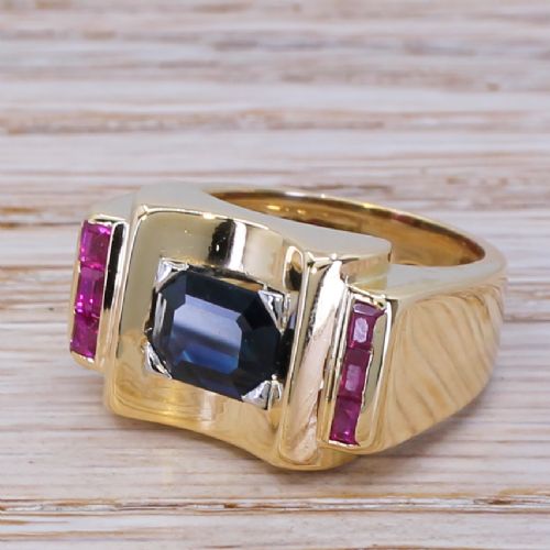 Mid Century 1.78 Carat Sapphire & Ruby Cocktail Ring, Circa 1960