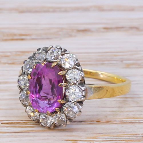 Edwardian 1.85 Carat Pink Sapphire & Old Cut Diamond Cluster Ring, Circa 1905