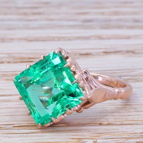 Victorian 5.68 Carat Insignificant Oil Colombian Emerald Solitaire Ring, Circa 1900