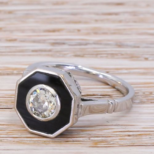 Retro 0.45 Carat Old Cut Diamond & Onyx Ring, Circa 1950