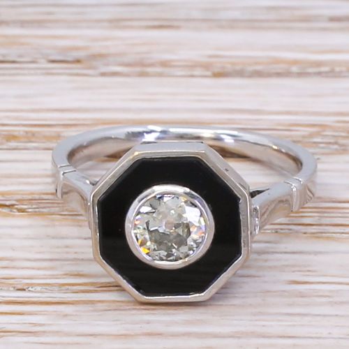 fig 1. Retro 0.45 Carat Old Cut Diamond & Onyx Ring, circa 1950