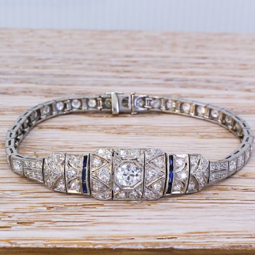 fig 1. Art Deco 4.45 Carat Old Cut Diamond & Sapphire Bracelet, circa 1915