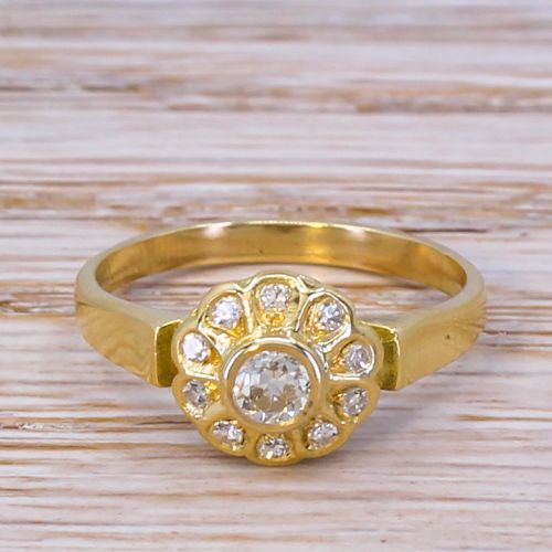 fig 1. An Edwardian yellow gold cluster ring featuring a central old cut diamond surrounded by smaller diamonds in a scalloped setting.
