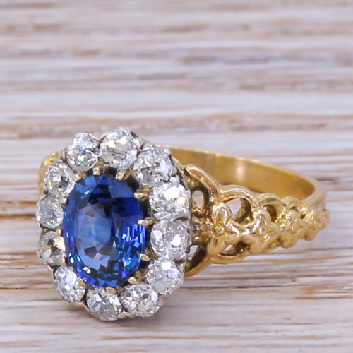 Victorian 1.25 Carat Sapphire & 0.96 Carat Old Cut Diamond Cluster Ring, Circa 1890