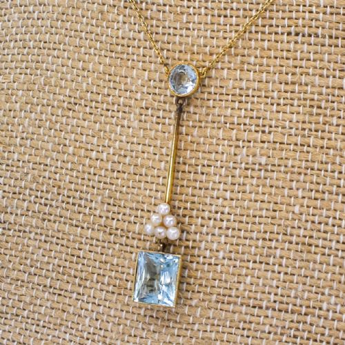 Art Deco 3.15 Carat Aquamarine & Natural Seed Pearl Pendant, Circa 1915