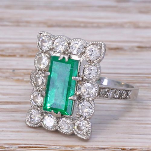 Art Deco 1.06 Carat Emerald & 1.46 Carat Old Cut Diamond Cluster Ring, Circa 1940