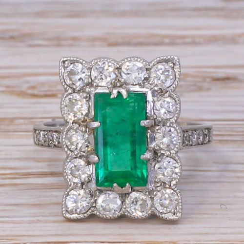 fig 1. Art Deco 1.06 Carat Emerald & 1.46 Carat Old Cut Diamond Cluster Ring, circa 1940