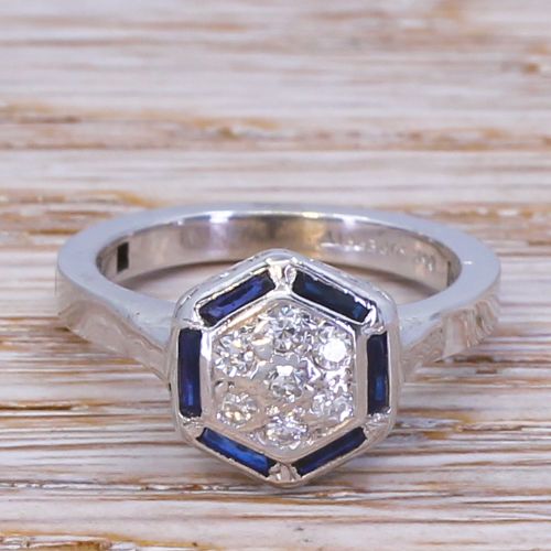 fig 1. Mid Century Diamond & Sapphire Cluster Ring, on 14k Superfit Shank