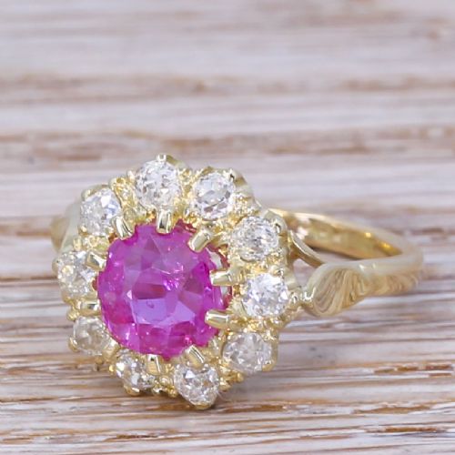 Victorian 1.74 Carat Natural Pink Sapphire & Diamond Cluster Ring, Circa 1900