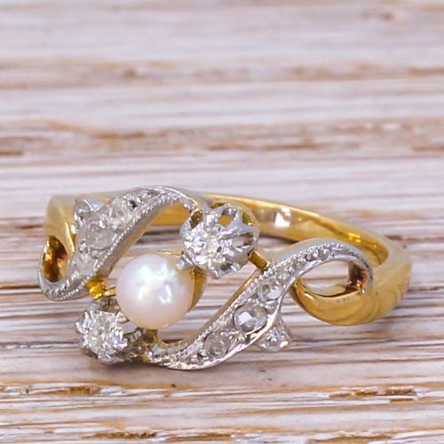 Art Nouveau Pearl & Diamond Crossover Ring, Circa 1905