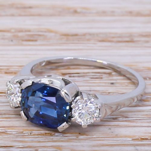 Mid Century 1.80 Carat Natural Sapphire & Diamond Trilogy Ring, Circa 1950
