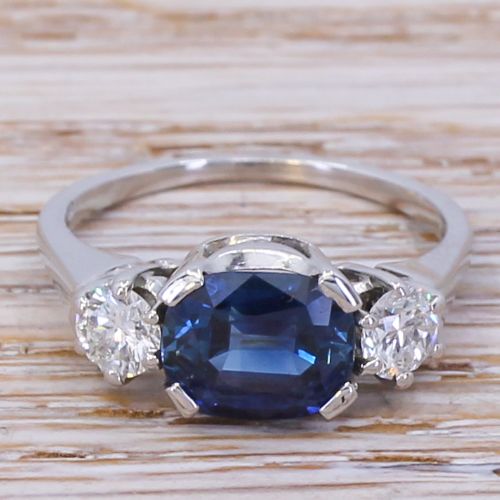 fig 1. Mid Century 1.80 Carat Natural Sapphire & Diamond Trilogy Ring, circa 1950